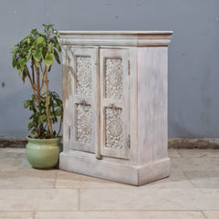 Handcrafted Whitewashed Carved Wooden Sideboard Cabinet – Solid Wood Storage Cabinet with Floral Carving | Rustic Boho Farmhouse Home Decor