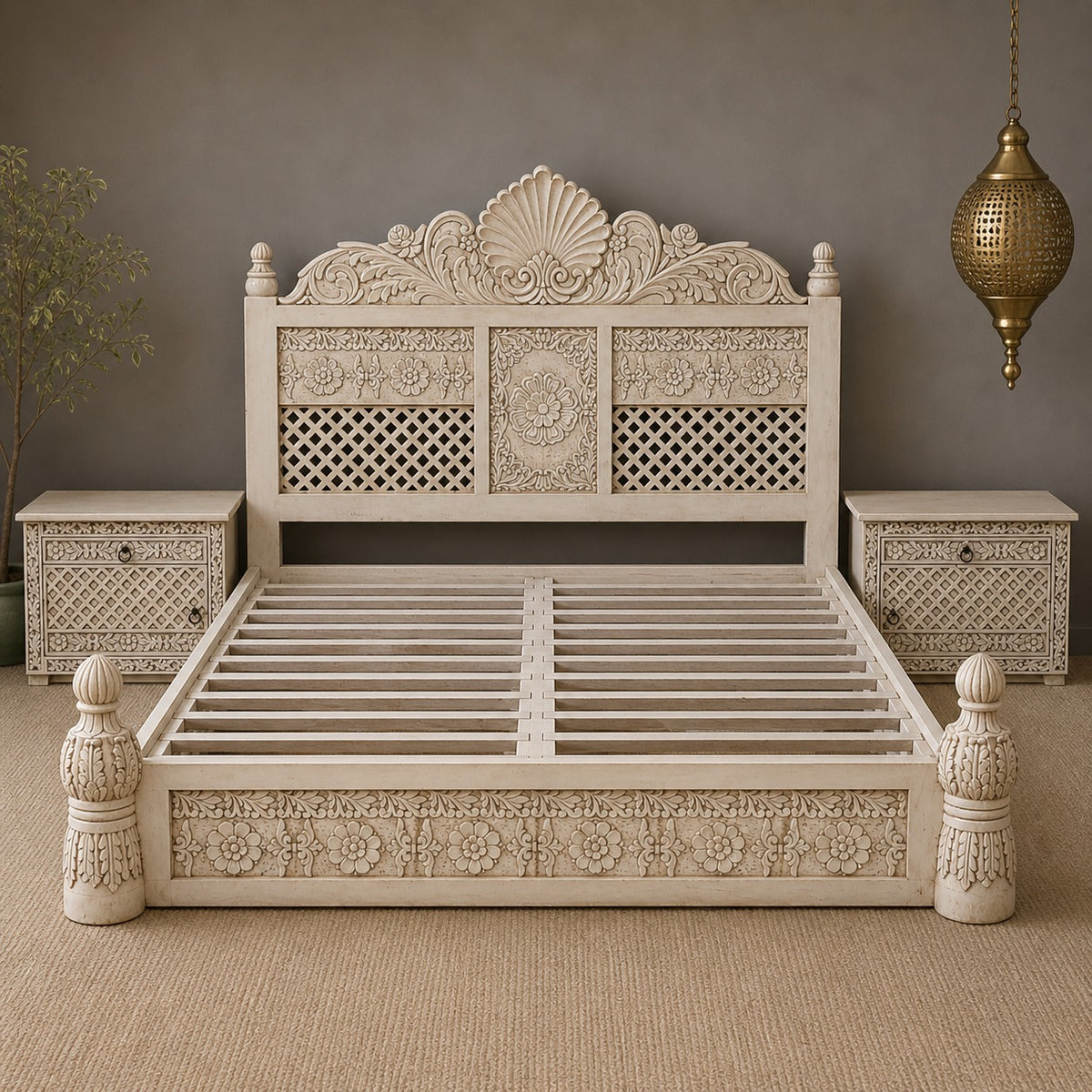 Indian Hand Carved Solid Wood Queen Bed