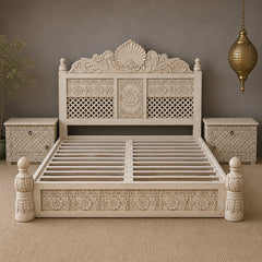 Indian Hand Carved Solid Wood Queen Bed
