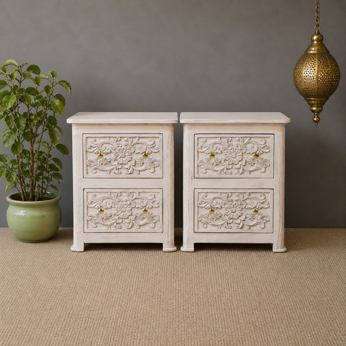 Hand Carved Solid Wood Bedsides Tables - set of 2