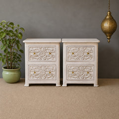 Hand Carved Solid Wood Bedsides Tables - set of 2