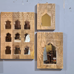 Handcrafted Wooden Wall Mirror Set – Rustic Moroccan Arch Mirror Frames | Boho Farmhouse Wall Decor (Set of 5)