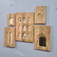 Handcrafted Wooden Wall Mirror Set – Rustic Moroccan Arch Mirror Frames | Boho Farmhouse Wall Decor (Set of 5)