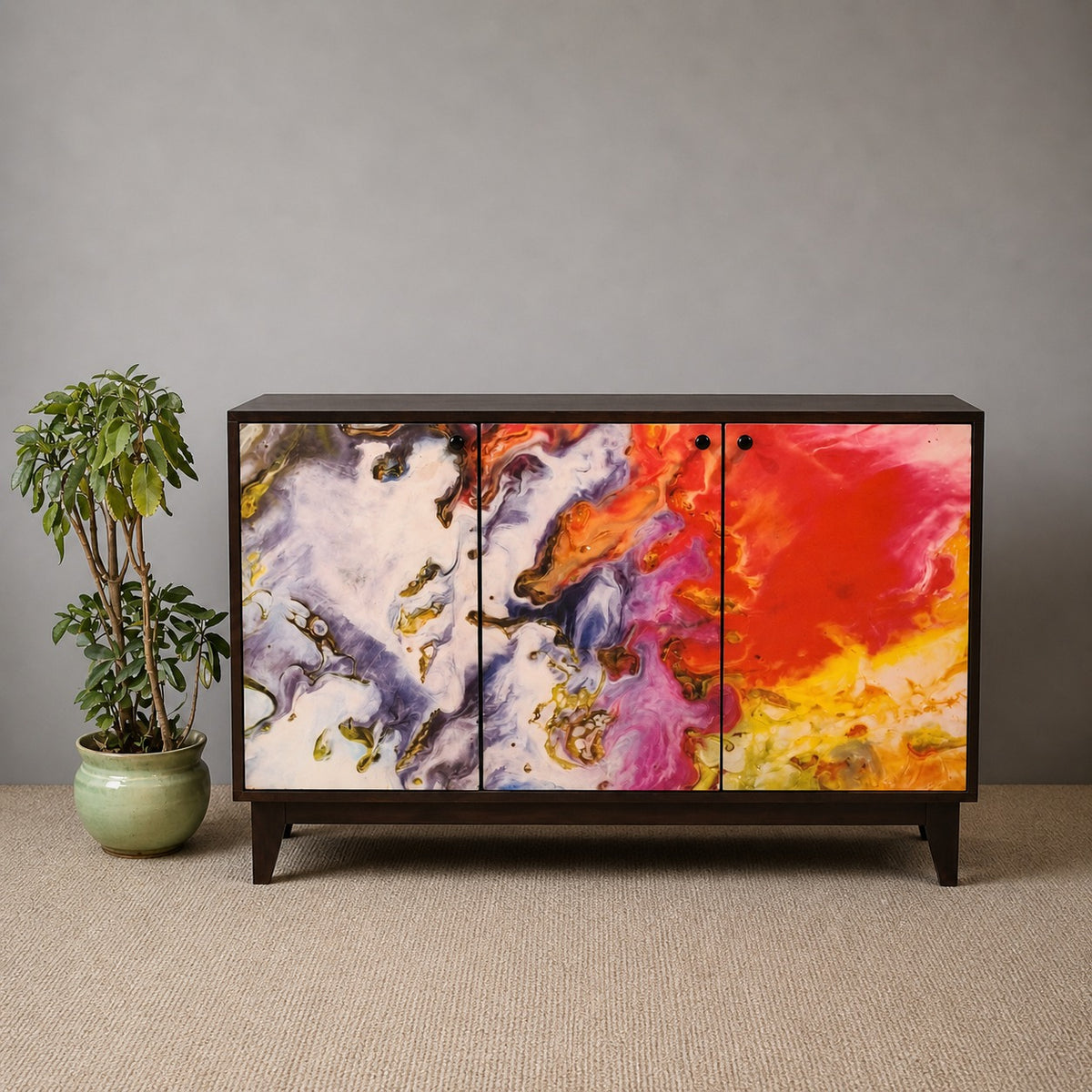 Avalon Indian Solid Wood Printed 3 Door Sideboard Nat
