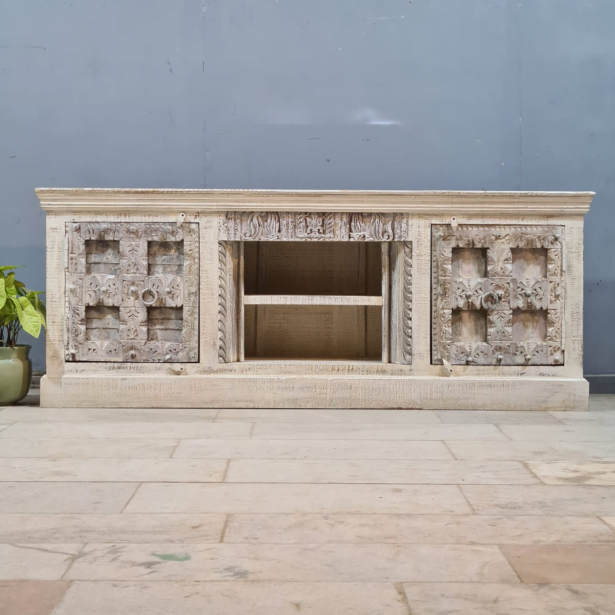 Vintage Old Door Hand Carved Solid Wood Buffet TV Unit