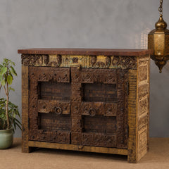 Vintage Old Door Hand Carved Solid Wood Buffet Sideboard