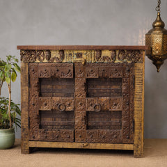 Vintage Old Door Hand Carved Solid Wood Buffet Sideboard
