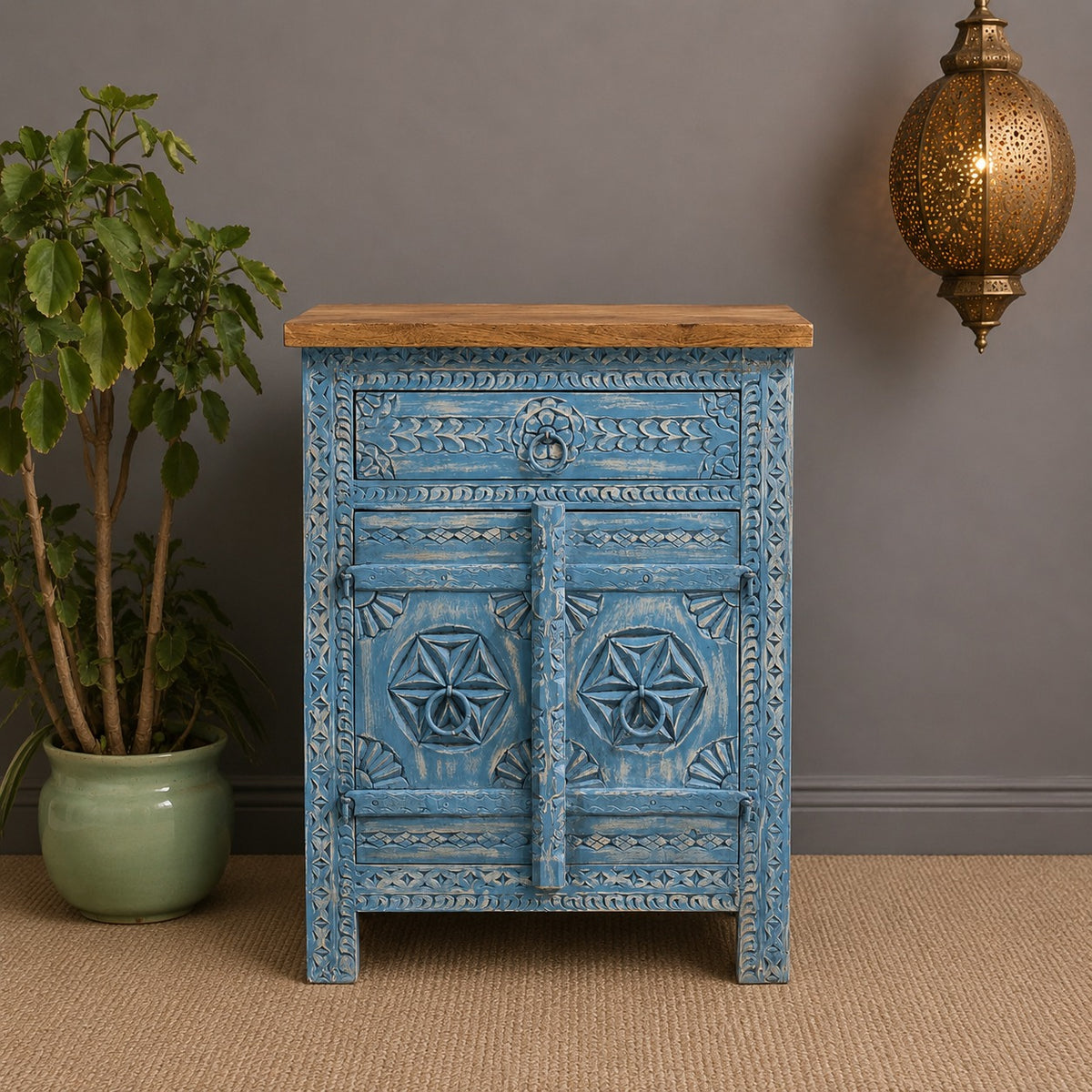 Hand Carved Solid Wood Bedsides Table