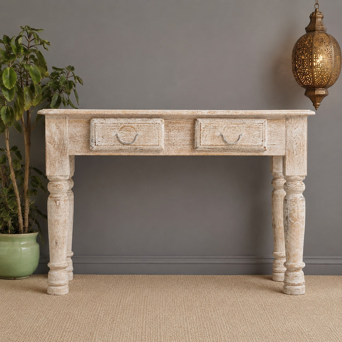Wooden Solid Mango Wood Hand Made Console with 2 Drawers Table