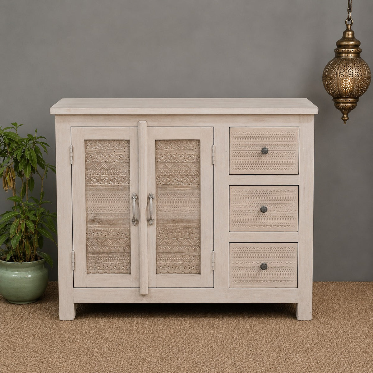 Handmade Solid Hard Wood Carved Sideboard White