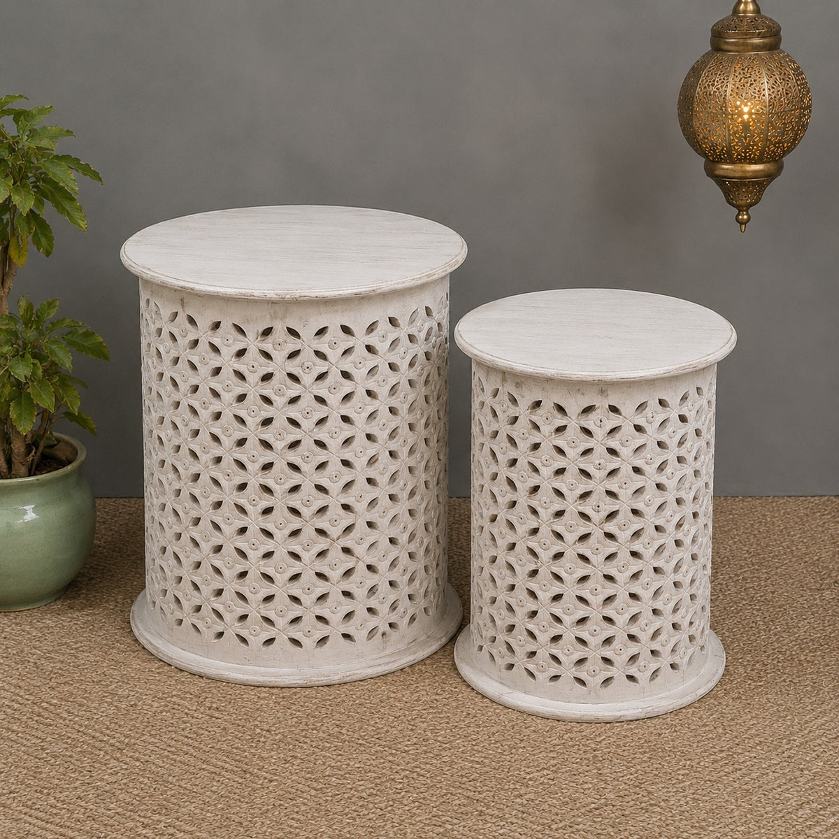 Bristol Bamileke Hand Carved Indian Solid Wood Round Coffee Table Set