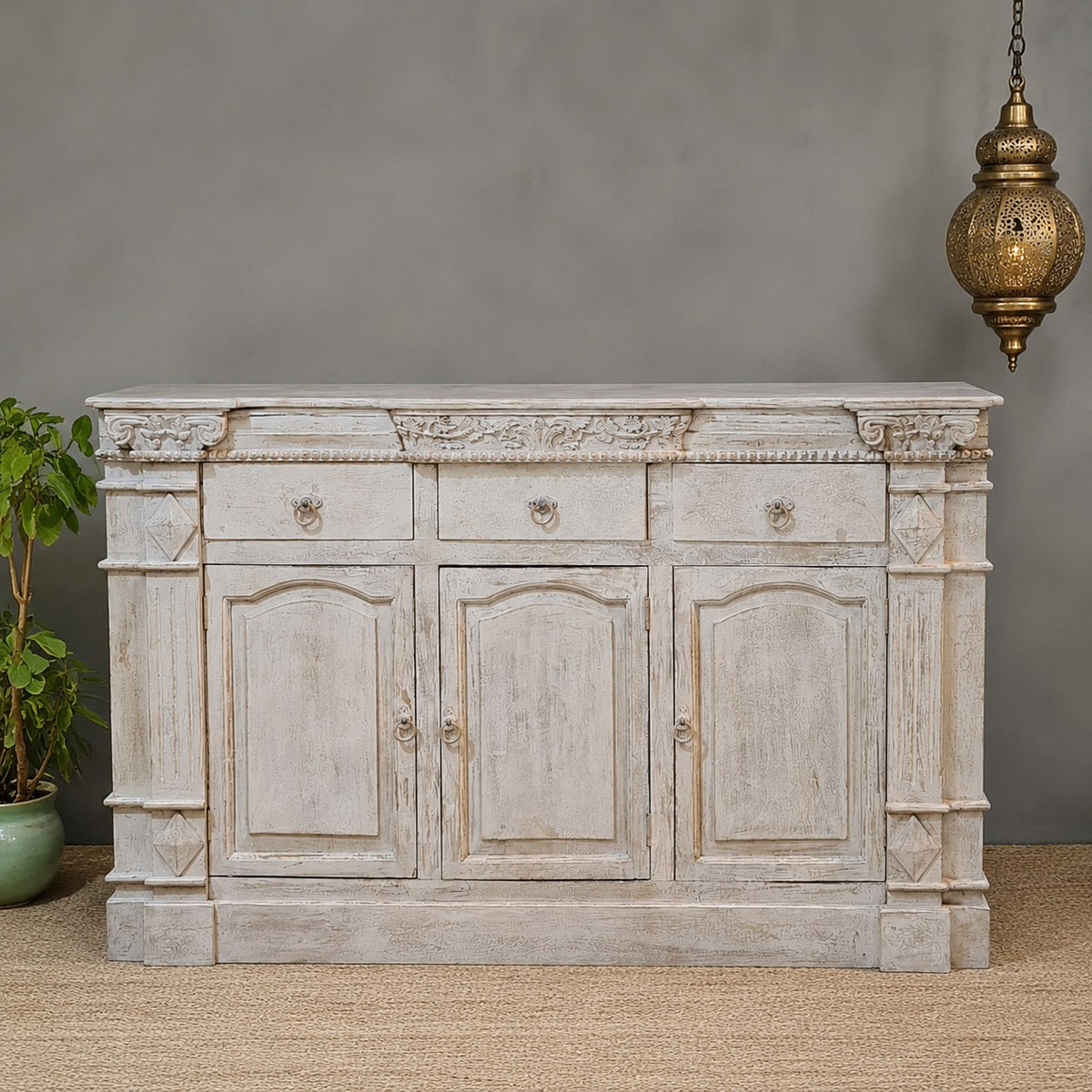 Handmade Solid Hard Wood Carved Sideboard White