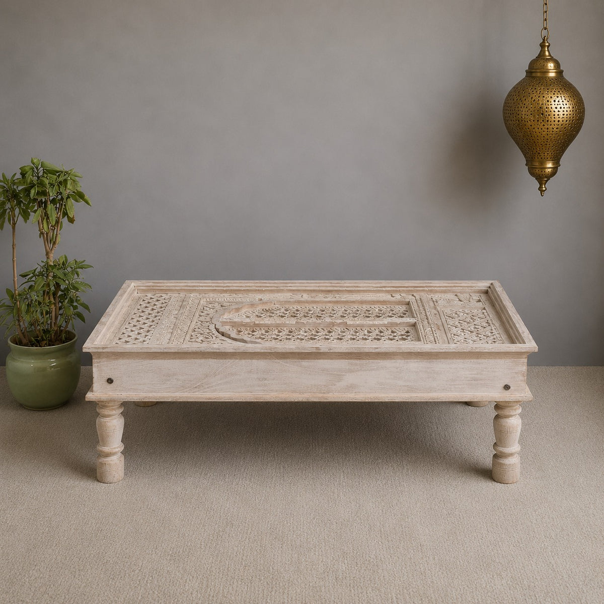 Hand Carved Vintage Door Style Solid Wood Coffee Table