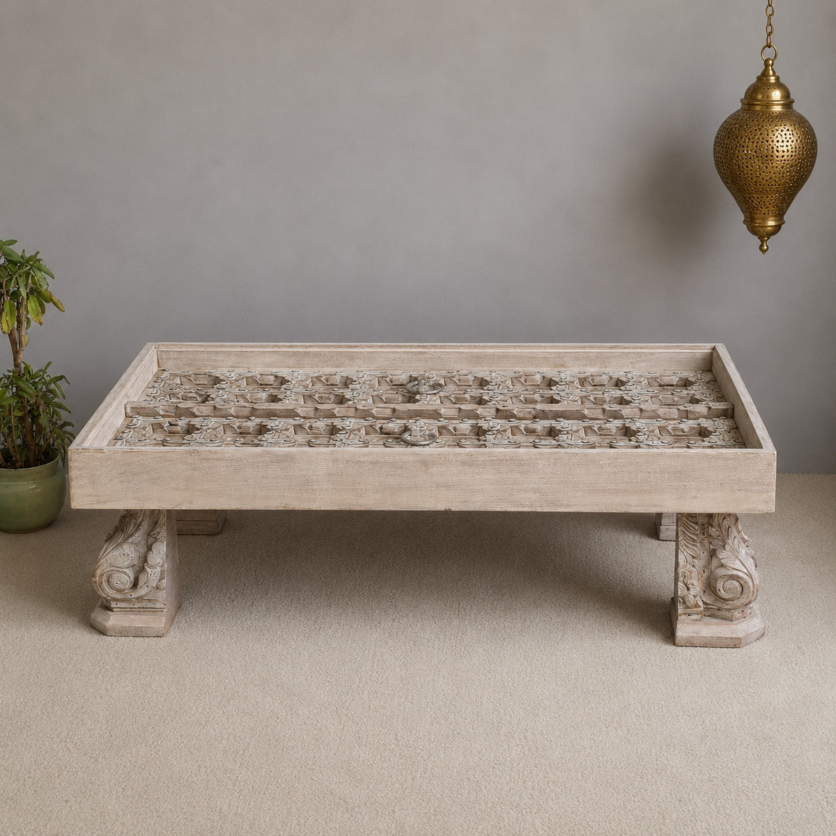 Hand Carved Vintage Door Style Solid Wood Coffee Table