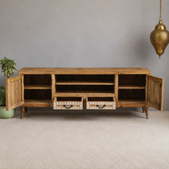 Designer cut out design Solid Wood Buffet TV Unit  natural mango wood whitewash finish
