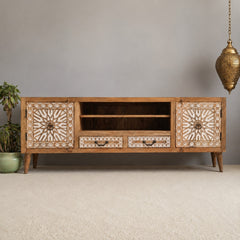 Designer cut out design Solid Wood Buffet TV Unit  natural mango wood whitewash finish