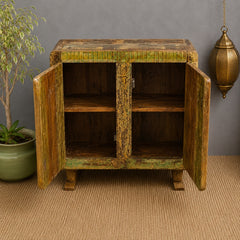 Vintage Reclaimed Wood Accent Cabinet – Handmade Rustic Storage Cabinet with Patchwork Wooden Detailing