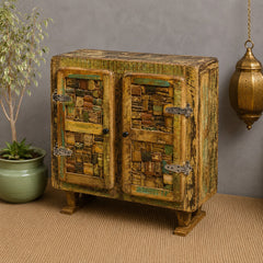 Vintage Reclaimed Wood Accent Cabinet – Handmade Rustic Storage Cabinet with Patchwork Wooden Detailing