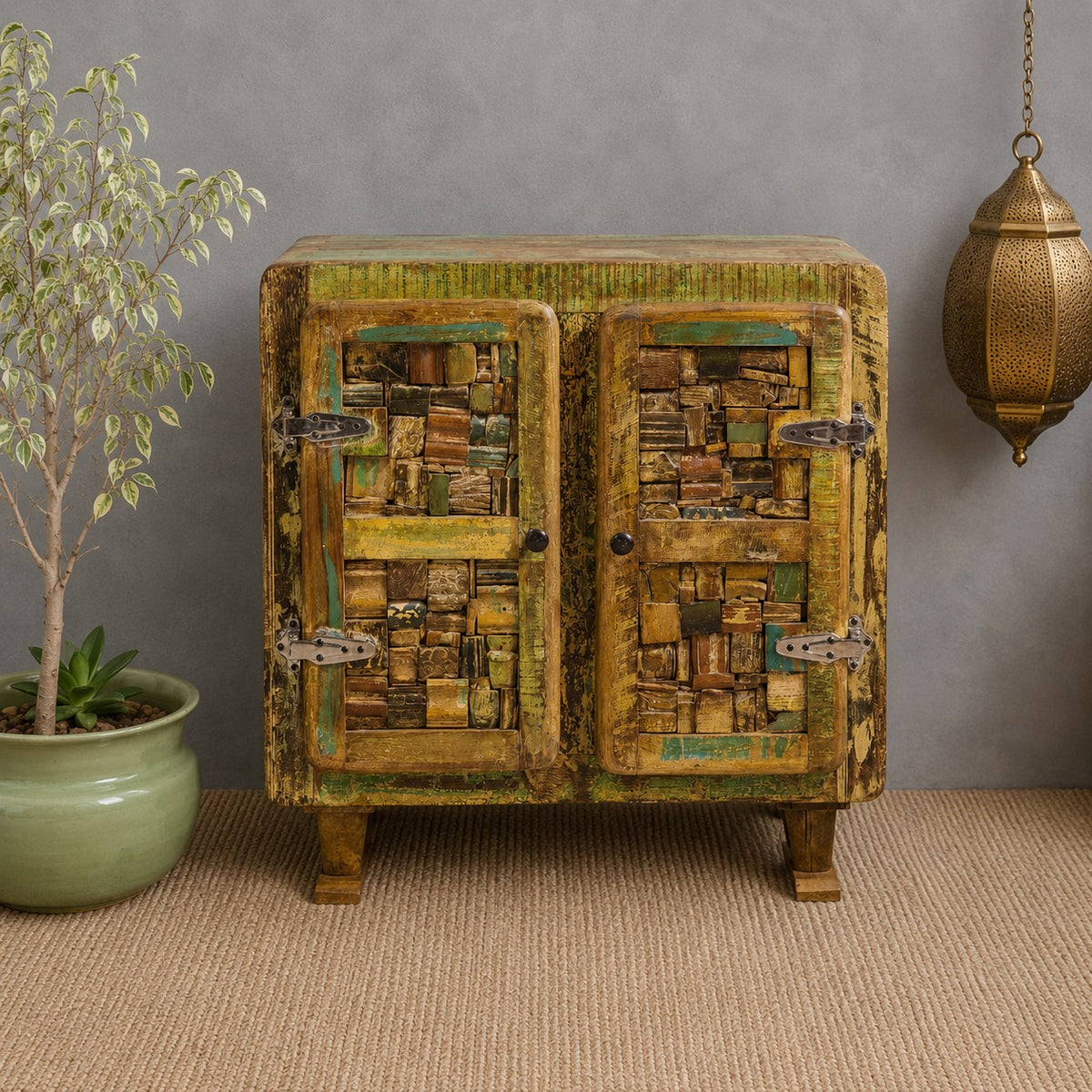 Vintage Reclaimed Wood Accent Cabinet – Handmade Rustic Storage Cabinet with Patchwork Wooden Detailing