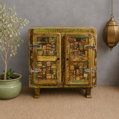 Vintage Reclaimed Wood Accent Cabinet – Handmade Rustic Storage Cabinet with Patchwork Wooden Detailing