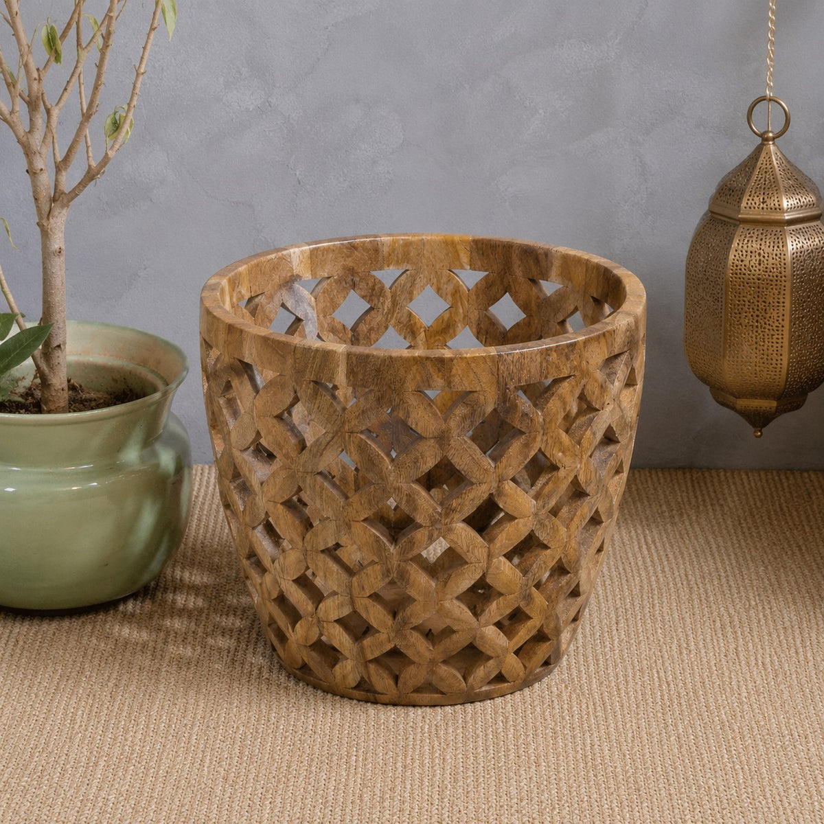 Vintage Natural Wooden Planter Cover – Handcrafted Bohemian Lattice Basket for Indoor Plants & Decor