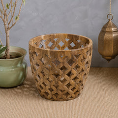 Vintage Natural Wooden Planter Cover – Handcrafted Bohemian Lattice Basket for Indoor Plants & Decor