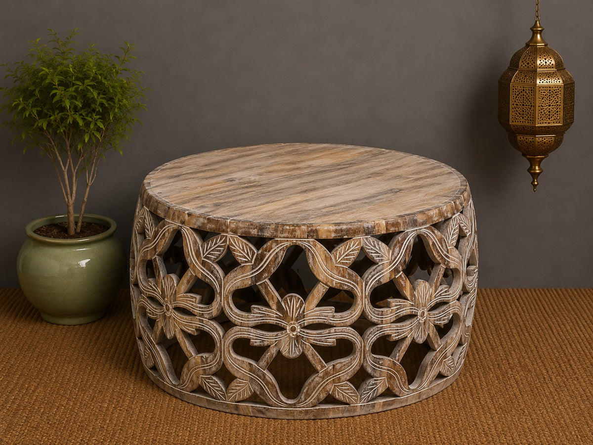 Vintage Hand Carved Round Coffee Table – Solid Wood Bohemian Center Table with Floral Lattice Detailing