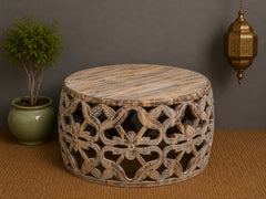 Vintage Hand Carved Round Coffee Table – Solid Wood Bohemian Center Table with Floral Lattice Detailing