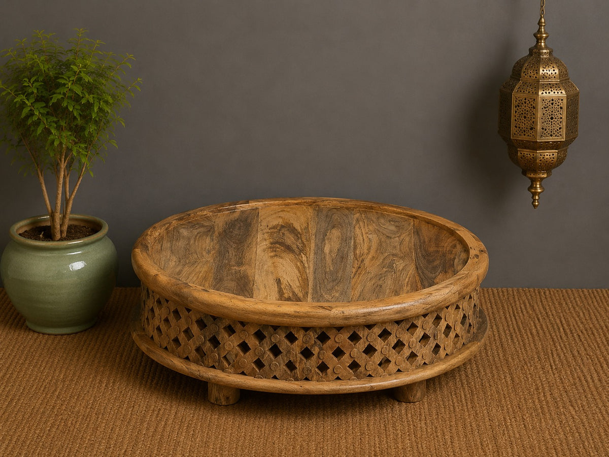 Vintage Natural Round Coffee Table – Handcrafted Solid Wood Bohemian Center Table with Rustic Carved Detailing (Copy)