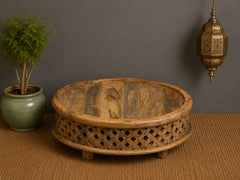 Vintage Natural Round Coffee Table – Handcrafted Solid Wood Bohemian Center Table with Rustic Carved Detailing (Copy)