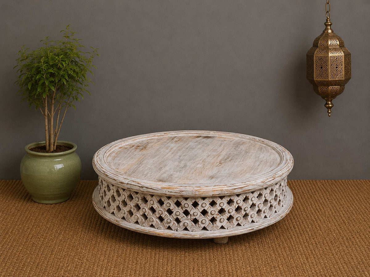 Vintage Whitewashed Round Coffee Table – Handcrafted Solid Wood Bohemian Center Table with Rustic Carved Detailing