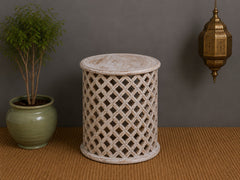 Modern Rustic Wooden Drum Side Table – Handcrafted Solid Wood Accent Table with Open Lattice Detailing