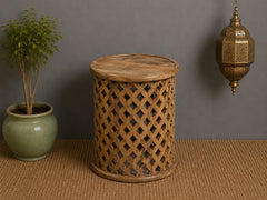 Modern Natural Wooden Drum Side Table – Handcrafted Solid Wood Accent Table with Open Lattice Detailing