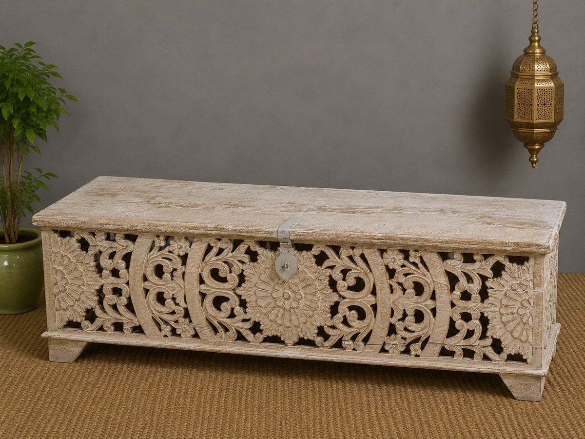 Handcrafted Whitewashed Carved Wooden Storage Chest – Solid Wood Blanket Box with Floral Carving