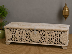 Handcrafted Whitewashed Carved Wooden Storage Chest – Solid Wood Blanket Box with Floral Carving