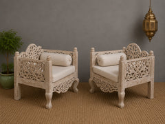 Vintage Hand Carved Wooden Accent Chair Set in Whitewash Finish – Luxury Bohemian Lounge Chairs with Floral Scrollwork