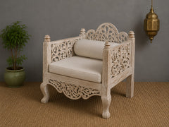 Vintage Hand Carved Wooden Accent Chair Set in Whitewash Finish – Luxury Bohemian Lounge Chairs with Floral Scrollwork