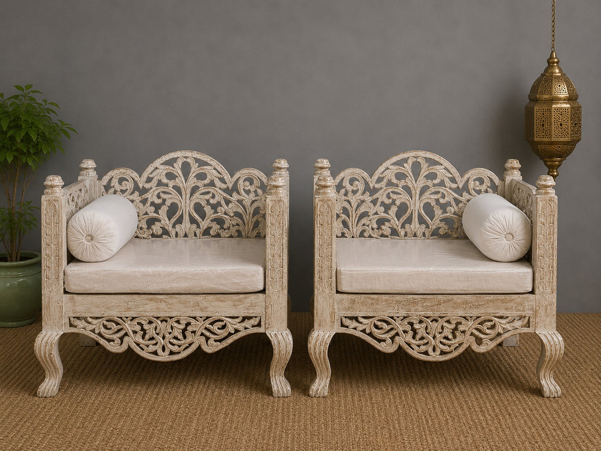 Vintage Hand Carved Wooden Accent Chair Set in Whitewash Finish – Luxury Bohemian Lounge Chairs with Floral Scrollwork
