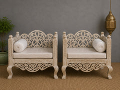 Vintage Hand Carved Wooden Accent Chair Set in Whitewash Finish – Luxury Bohemian Lounge Chairs with Floral Scrollwork