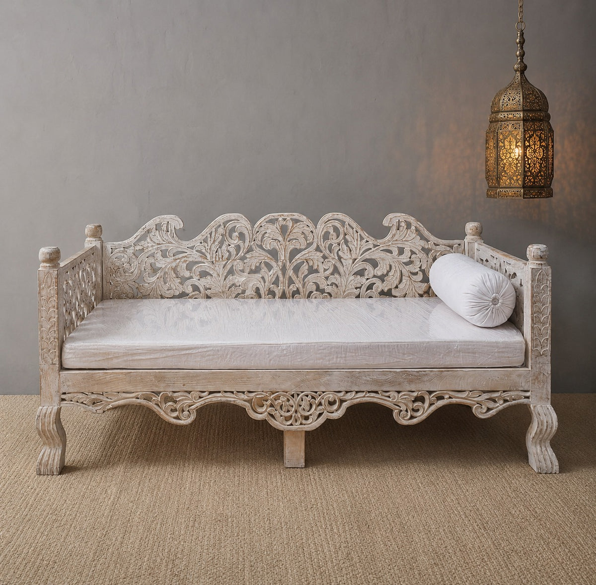 Vintage Hand Carved Wooden Daybed in Whitewash Finish – Luxury Bohemian Lounge Bench with Floral Scrollwork
