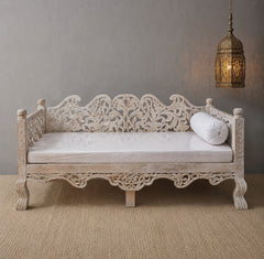 Vintage Hand Carved Wooden Daybed in Whitewash Finish – Luxury Bohemian Lounge Bench with Floral Scrollwork