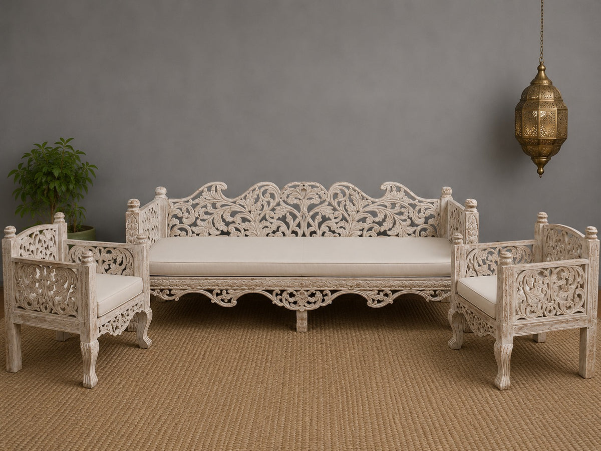 Vintage Hand Carved Wooden Daybed in Whitewash Finish – Luxury Bohemian Lounge Bench with Floral Scrollwork
