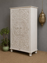 Handcrafted Whitewashed Carved Wooden Armoire Cabinet – Solid Wood Storage Cabinet with Floral Mandala Carving | Rustic Boho Farmhouse Furniture