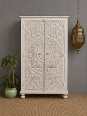 Handcrafted Whitewashed Carved Wooden Armoire Cabinet – Solid Wood Storage Cabinet with Floral Mandala Carving | Rustic Boho Farmhouse Furniture