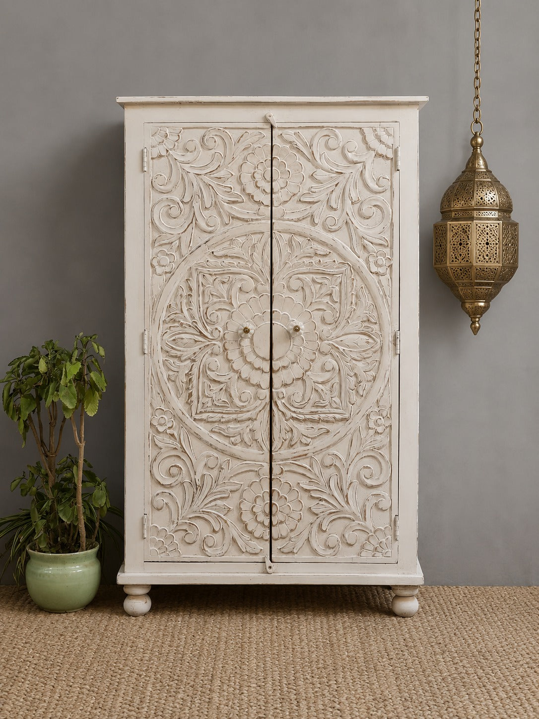 Handcrafted Whitewashed Carved Wooden Armoire Cabinet – Solid Wood Storage Cabinet with Floral Mandala Carving | Rustic Boho Farmhouse Furniture