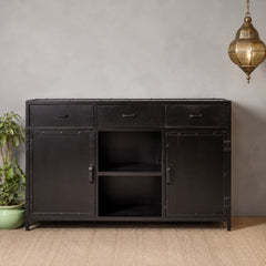 Industrial Wood & Metal Sideboard Cabinet – Rustic Mixed Material Storage Console with Drawers | Modern Loft Farmhouse Furniture
