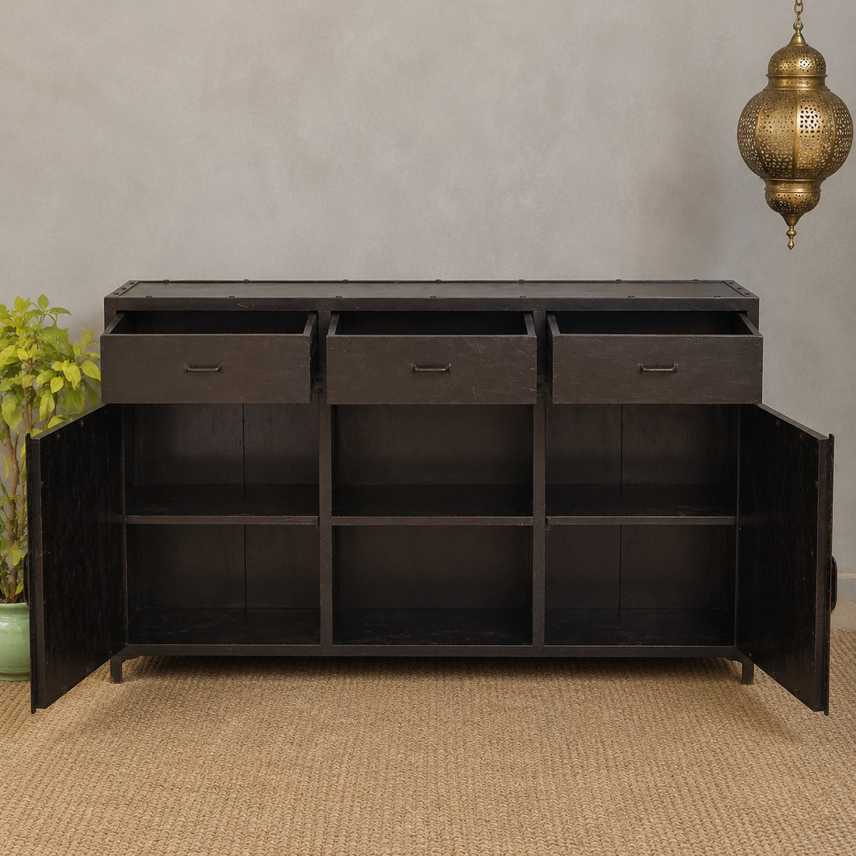 Industrial Wood & Metal Sideboard Cabinet – Rustic Mixed Material Storage Console with Drawers | Modern Loft Farmhouse Furniture