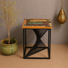 Industrial Reclaimed Wood & Metal Side Table – Rustic Handmade Accent Table with Geometric Iron Base | Modern Loft Furniture