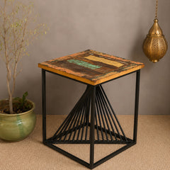 Industrial Reclaimed Wood & Metal Side Table – Rustic Handmade Accent Table with Geometric Iron Base | Modern Loft Furniture