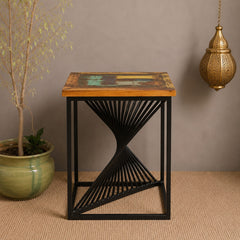 Industrial Reclaimed Wood & Metal Side Table – Rustic Handmade Accent Table with Geometric Iron Base | Modern Loft Furniture